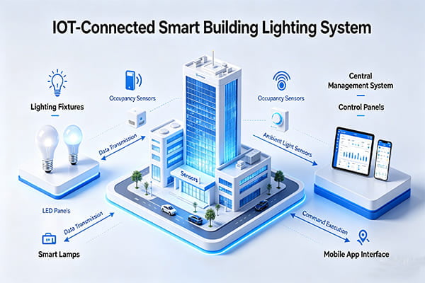The Internet of Things connecting various aspects of a smart building's lighting system.